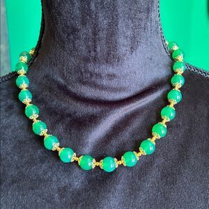 NEW Green Onyx gemstones set of beaded bracelet and necklace in ornate goldtone